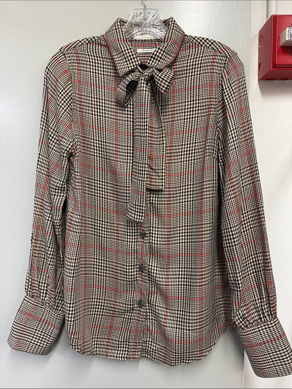 Plaid Tie-Neck Button-Down Blouse in Black/Cream/Red